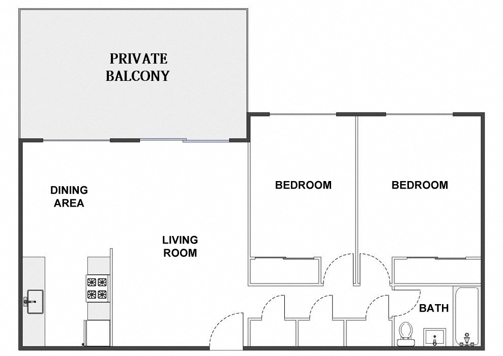 Floor plan for 2 beds, 1 bath